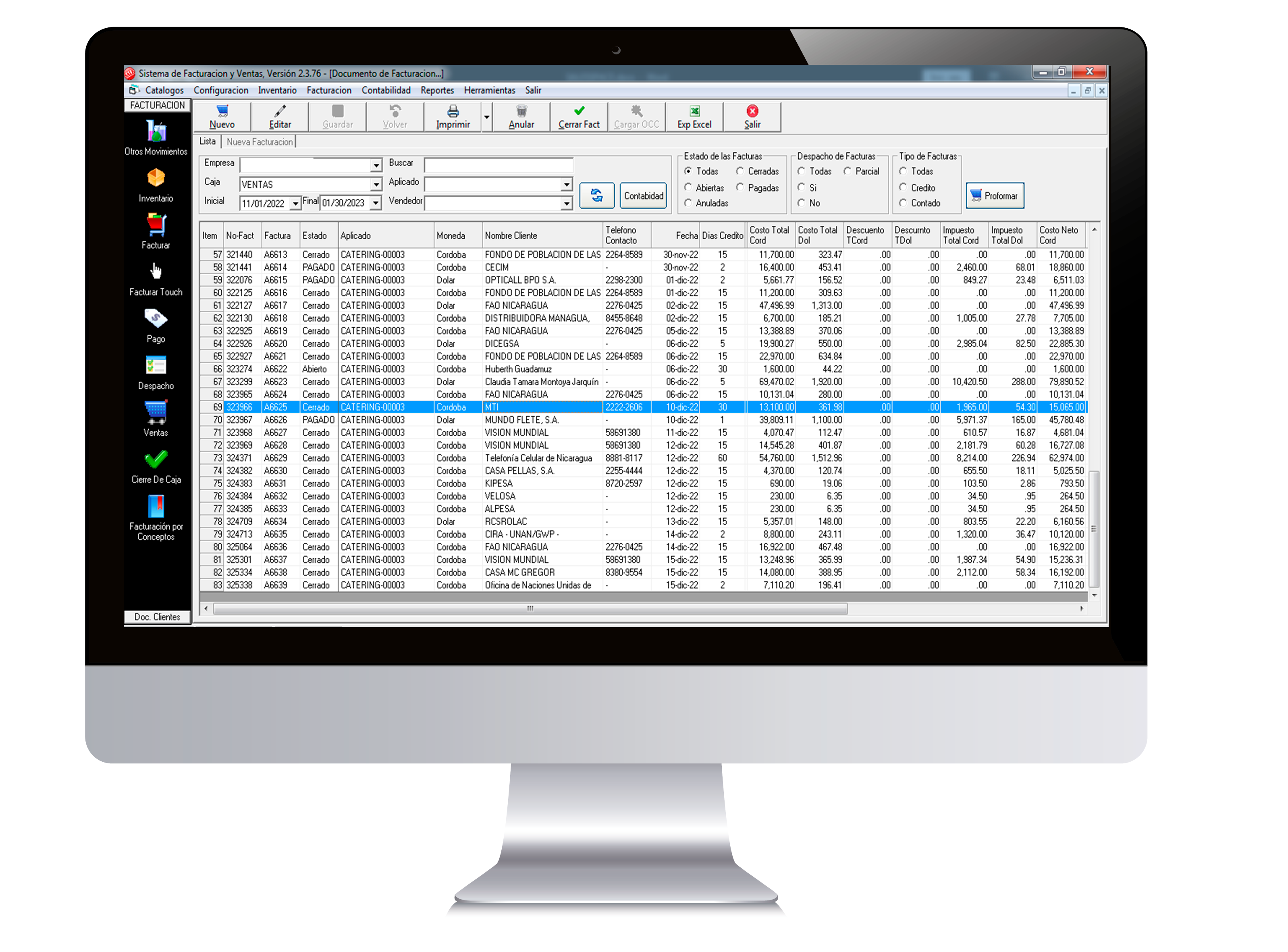Captura de pantalla del sistema de facturación salespace